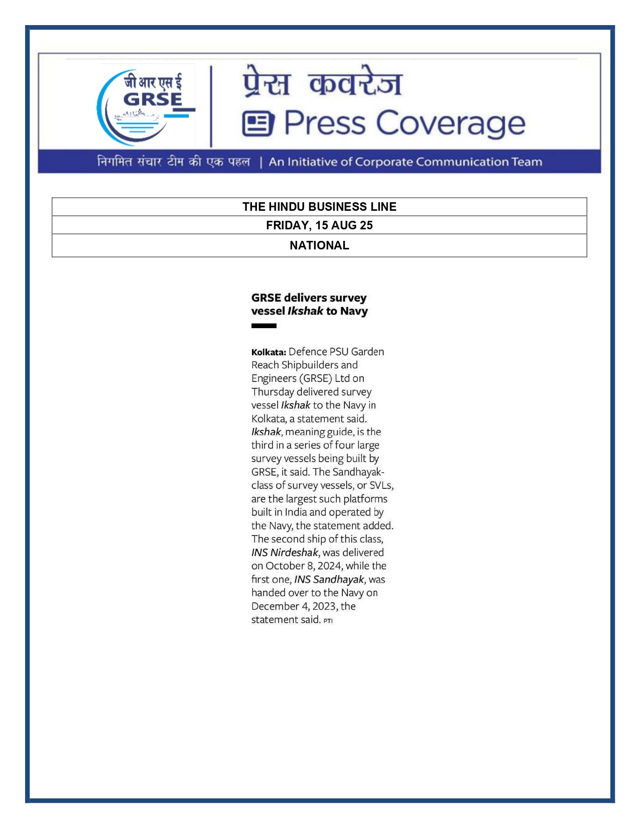 Press Coverage : 15 Aug 25:GRSE delivers survey vessel Ikshak to Navy